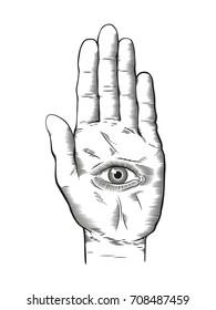 Vector illustration of mystic Hamsa all-seeing eye in hand symbol. Engraved vintage style drawing.