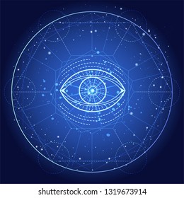 Vector illustration of mystic symbol Eye on abstract background. Geometric sign drawn in lines. Blue color. For you design and magic craft.