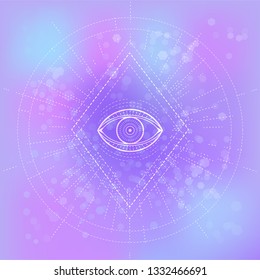 Vector illustration of mystic symbol Eye on abstract background. Geometric sign drawn in lines. Purple and blue color. For you design and magic craft.