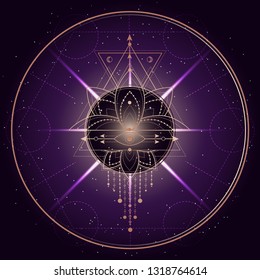 Vector illustration of mystic symbol Lotus on abstract background. Geometric sign drawn in lines. Golden and purple color. For you design and magic craft.