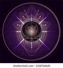 Vector illustration of mystic symbol Lotus on abstract background. Geometric sign drawn in lines. Golden and purple color. For you design and magic craft.