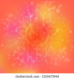 Vector illustration of mystic symbol Lotus on abstract background. Geometric sign drawn in lines. Pink and orange color. For you design and magic craft.