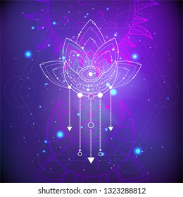 Vector illustration of mystic symbol Lotus on abstract background. Geometric sign drawn in lines. Purple and pink color. For you design and magic craft.