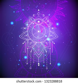 Vector illustration of mystic symbol Lotus on abstract background. Geometric sign drawn in lines. Purple and pink color. For you design and magic craft.