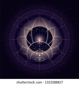 Vector illustration of mystic symbol Lotus on abstract background. Geometric sign drawn in lines. Golden and purple color. For you design and magic craft.