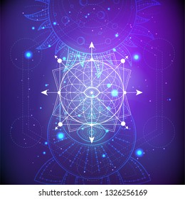 Vector illustration of mystic symbol Lotus on abstract background. Geometric sign drawn in lines. Purple and blue color. For you design and magic craft.