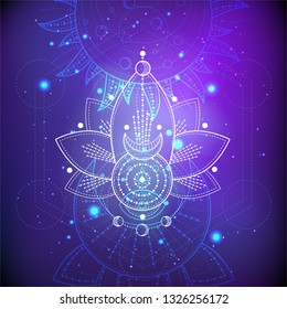 Vector illustration of mystic symbol Lotus on abstract background. Geometric sign drawn in lines. Purple and blue color. For you design and magic craft.