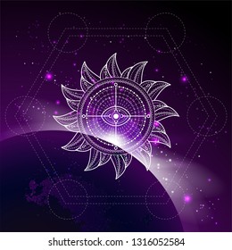 Vector illustration of mystic symbol Sun against the space background with sunrise and stars. Abstract geometric sign drawn in lines. Multicolored. 