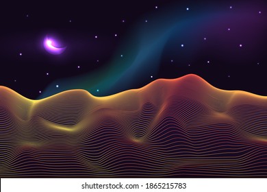 Vector illustration of a mystical abstract desert on a starry night with the moon and the milky way in the sky.