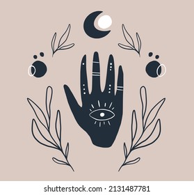 Vector illustration of mystical boho hands, celestial symbols moon and plants. Esoteric, spiritual, occult concept.