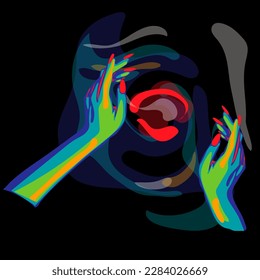 Vector illustration of mystical bright hands of a witch during witchcraft. Esoteric, spiritual, occult concept of creating a magic spell. A bundle of energy in his hands Ideal for printing on textiles