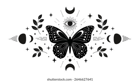 Vector Illustration of a Mystical Butterfly with Moon Phases and Celestial Elements