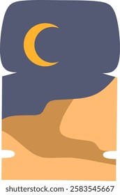 A vector illustration of a mystical desert landscape under a crescent moon and starry night. Perfect for travel, adventure, meditation, and fantasy-themed designs.