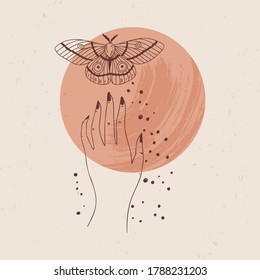 Vector illustration of mystical and esoteric logos in a trendy minimal linear style. Vector emblems in boho style - moon, hand and moth.