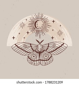 Vector illustration of mystical and esoteric logos in a trendy minimal linear style. Vector emblems in boho style - moth, moon, sun and stars.