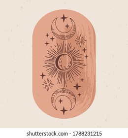 Vector illustration of mystical and esoteric logos in a trendy minimal linear style. Vector emblems in boho style - moon, sun and stars.