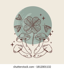 Vector illustration of mystical and esoteric logos in a trendy minimal lineart style. Vector emblems in boho style - mushrooms, clover and moth.