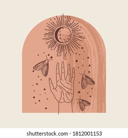 Vector illustration of mystical and esoteric logos in a trendy minimal lineart style. Vector emblems in boho style - sun, moth and hand