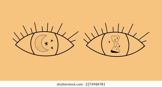 Vector illustration of mystical eyes with a moon, stars, and hourglasses inside, perfect for banners and tarot cards.