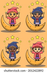 Vector illustration of mystical girls above moon use magic to make star. Cute magic girls. Halloween magic collection. Vector illustration for kids.