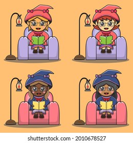Vector illustration of mystical girls sitting on the couch and read book. Cute magic girls. Halloween magic collection. Vector illustration for kids.