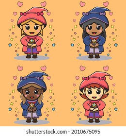 Vector illustration of mystical girls use magic. Cute magic girls. Halloween magic collection. Vector illustration for kids.