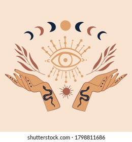 Vector illustration of mystical goddess hands,evil eye, celestial symbols of moon phase. Esoteric, spiritual, wicca occult inspired concept. Perfect for Tshirt graphic, cards etc.