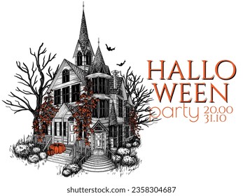 Vector illustration of mystical haunted castle in engraving style