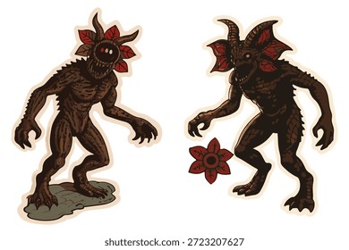 Vektorgrafik eines mystischen Monsters aus einer dunklen Parallelwelt. Eine fantastische Kreatur mit einer aggressiven Silhouette und gruseligen Details im Stil von Science Fiction und Horror gemacht. Für Poster