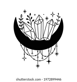 Vector illustration with mystical moon with crystals, plants and stars.  Hand drawn astrology symbol for print, fashion, wall decor. Mystical and magical, astrology design