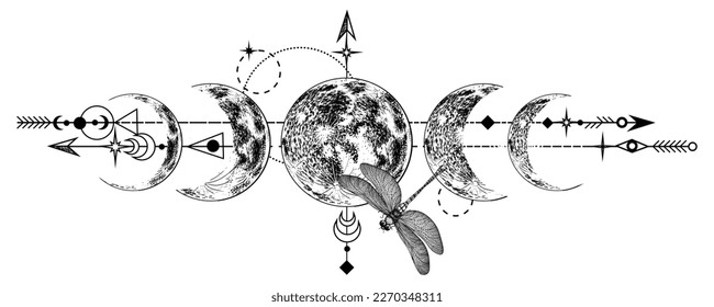 Vector illustration of mystical moon phases and dragonfly