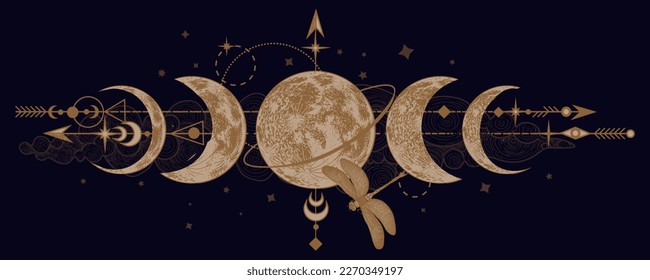 Vector illustration of mystical moon phases and dragonfly