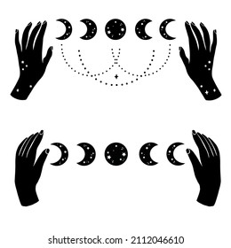 Vector illustration of mystical mudra hands, celestial symbols of sun, moon and stars. Esoteric, spiritual, wicca occult inspired concept. Perfect for Tshirt graphic, cards etc.