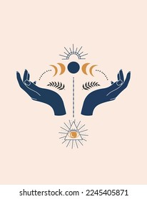 Ilustración vectorial de las místicas manos mudra, símbolos celestiales del sol, la luna y las estrellas. Concepto ecotérico, espiritual, inspirado por la wicca. Perfecto para gráficos de camisetas, tarjetas, etc.