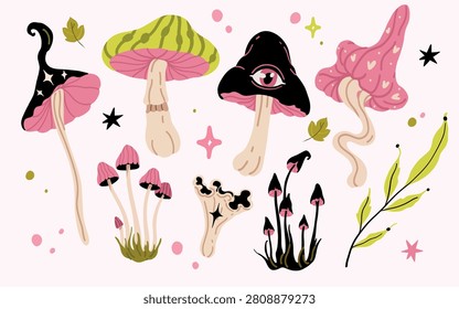 Vector illustration of mystical psychedelic mushrooms clipart set. Trippy celestial fungi collection bundle with magic third eye, stars, esoteric witchy elements, and autumn leaves.