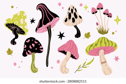 Vector illustration of mystical psychedelic mushrooms clipart set. Trippy celestial fungi collection bundle with magic eyes pattern, stars, esoteric witchy toadstools, and autumn leaves.