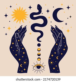 Vector illustration of mystical wise hands, celestial symbols of the sun, moon and stars. An esoteric, spiritual, occult concept inspired by Wicca. Perfect for T-shirt graphics, flashcards, etc.