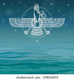  Vector illustration: mythical Assyrian man. Sea background.