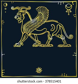 Vector illustration: mythical Assyrian winged lion. A place for the text. 