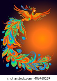 Vector illustration of a mythical bird phoenix on a dark background.