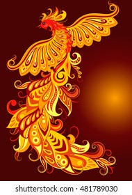 Vector illustration of a mythical bird phoenix on a dark background.