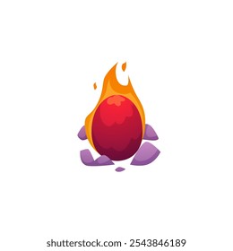 Vector illustration of a mythical red egg of a phoenix bird blazing in a flame of fire among stones on a white background. Maturing into a fantastic creature.