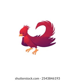 Vector illustration of mythological bird Phoenix in cartoon flat style. Cute fantasy character, red color, with folded wings. Magic fairy bird of Greek mythology. Isolated background.