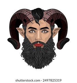 Ilustración vectorial de una criatura mitológica, un hombre con cuernos con una barba tupida