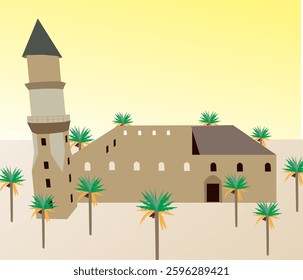 Vector illustration of the Nabawi mosque at the time of the Prophet, the Medina mosque at the beginning of construction, the Prophet Muhammad's mosque