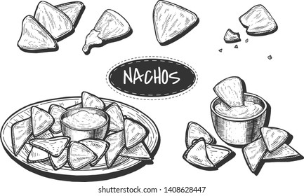 Vector illustration of nachos set. Traditional mexican food collection of snack on plate with dip, single, few in composition, cracked one for menu design. Vintage hand drawn style.