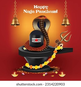 Vector illustration of Nag Panchami. cobra abround decorated shivling 