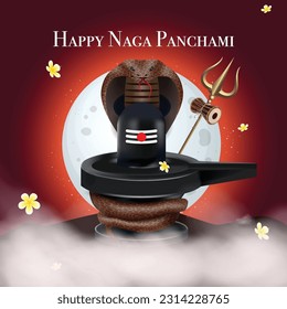 Vector illustration of Nag Panchami. cobra abround shivling with moon and trishul 