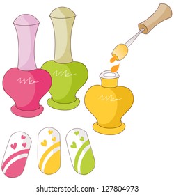 A vector illustration of nail polish bottles