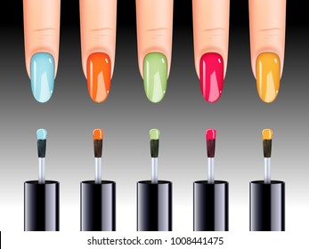 Vector illustration of nail polish in different colors being applied to nail.